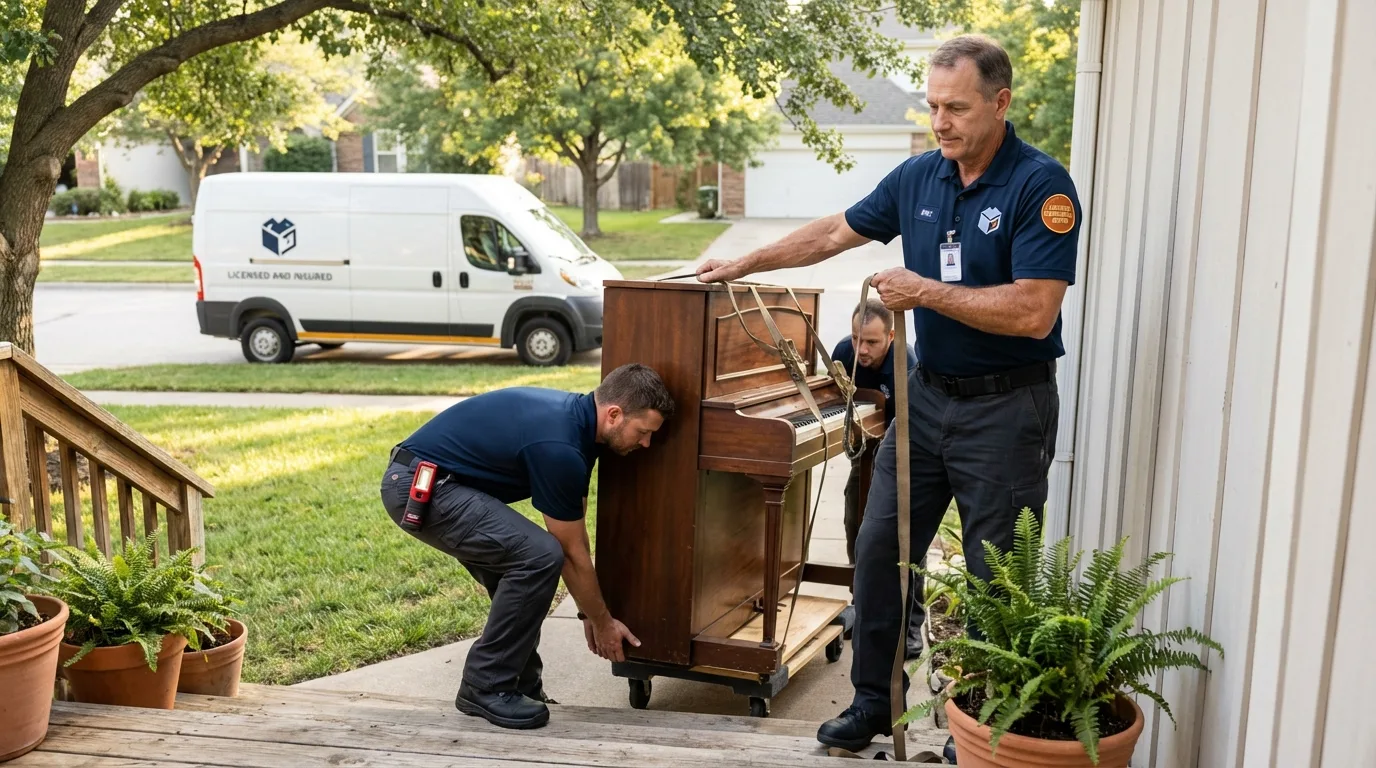 Licensed piano movers securing grand piano in Hopkinton, MA