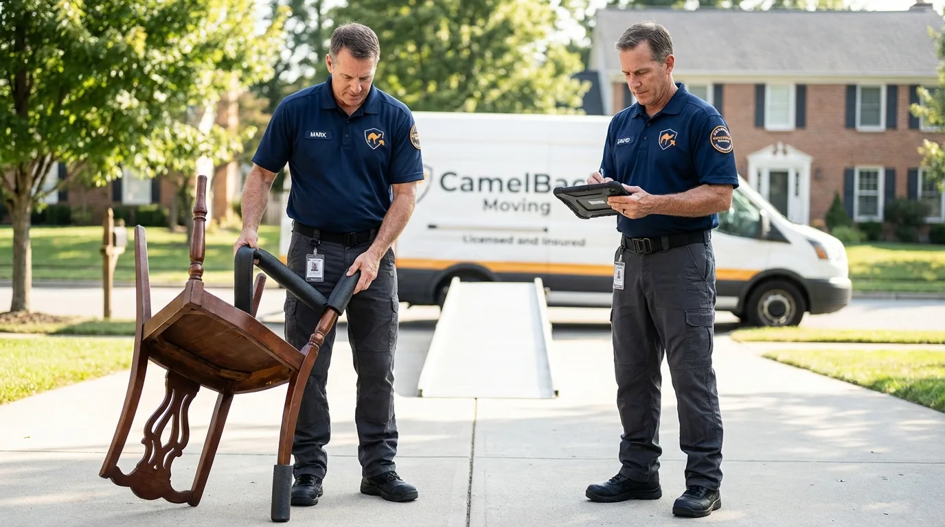 Movers inspecting furniture for damage prevention before loading in Hopkinton, MA