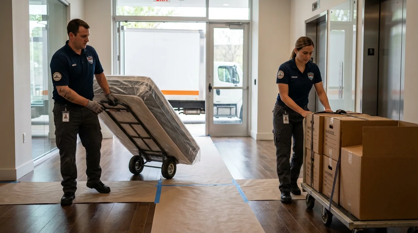 Professional apartment movers loading elevator in Hopkinton, MA