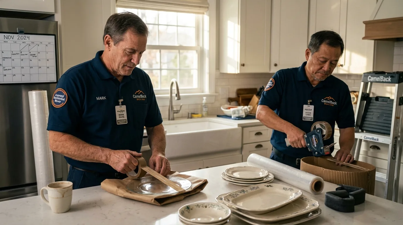Professional crew packing kitchen dishware in Hopkinton, MA